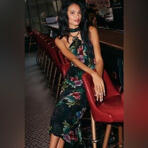 NWT Anthropologie Hardware Halter Scarf Slip Maxi Dress‎ Black Multi Floral XS